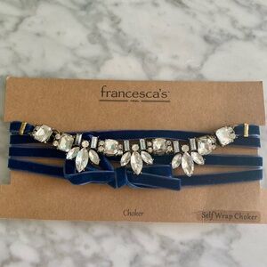 Francesca's New Crystal Rhinestone Linked Navy Blue Velvet Self Wrap Choker NWT